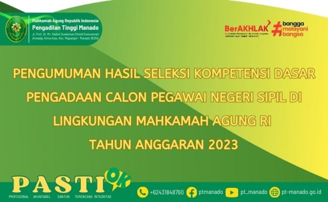 PENGUMUMAN HASIL SELEKSI KOMPETENSI DASAR PENGADAAN CALON PEGAWAI NEGERI SIPIL DI LINGKUNGAN MAHKAMAH AGUNG RI TAHUN ANGGARAN 2023